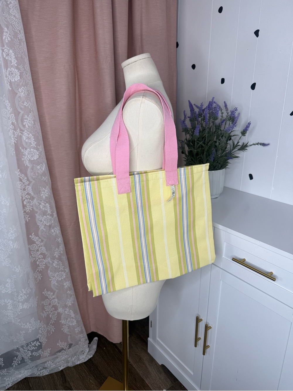 Aerie Striped Yellow beach Canvas Tote with Pink Handles BIN/C